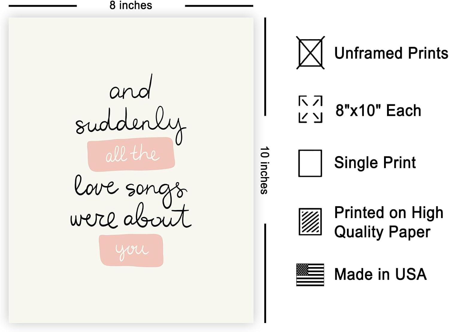Poster Master Love Print - All The Love Songs Were All About You Poster - Romantic Valentine's Day Art - Trendy Modern Wall Design - Chic Boho Art - Bedroom Wall Decor - 8x10 UNFRAMED Wall Art