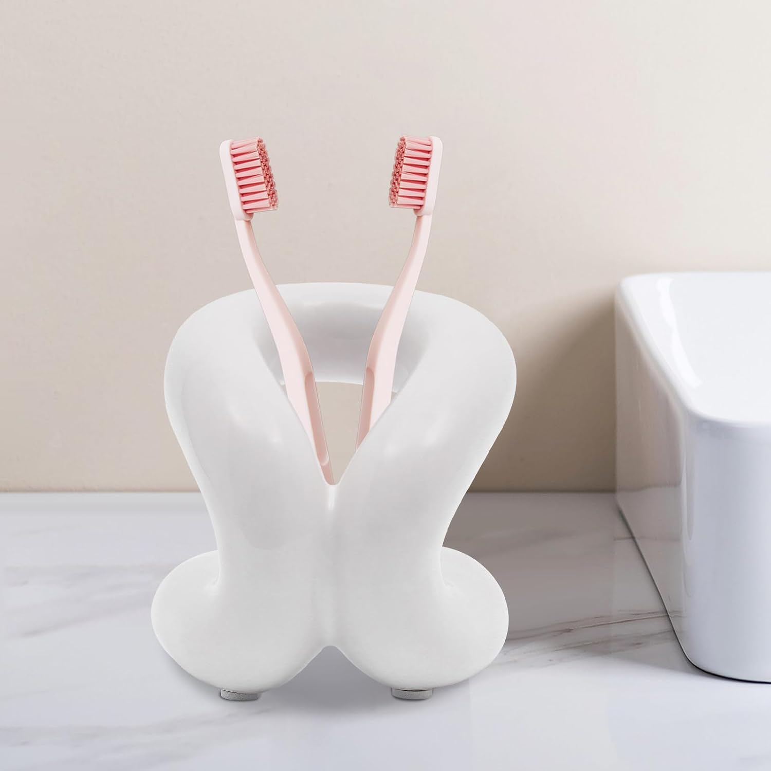 Ceramic Holder Stand - Bathroom Cup - Space Saving Design - Toothbrush Holder for Bathroom, Countertops - Modern Ceramic Toothbrush Cup - Toothpaste Holder - Makeup Brush Cup Stand (Creamy White)