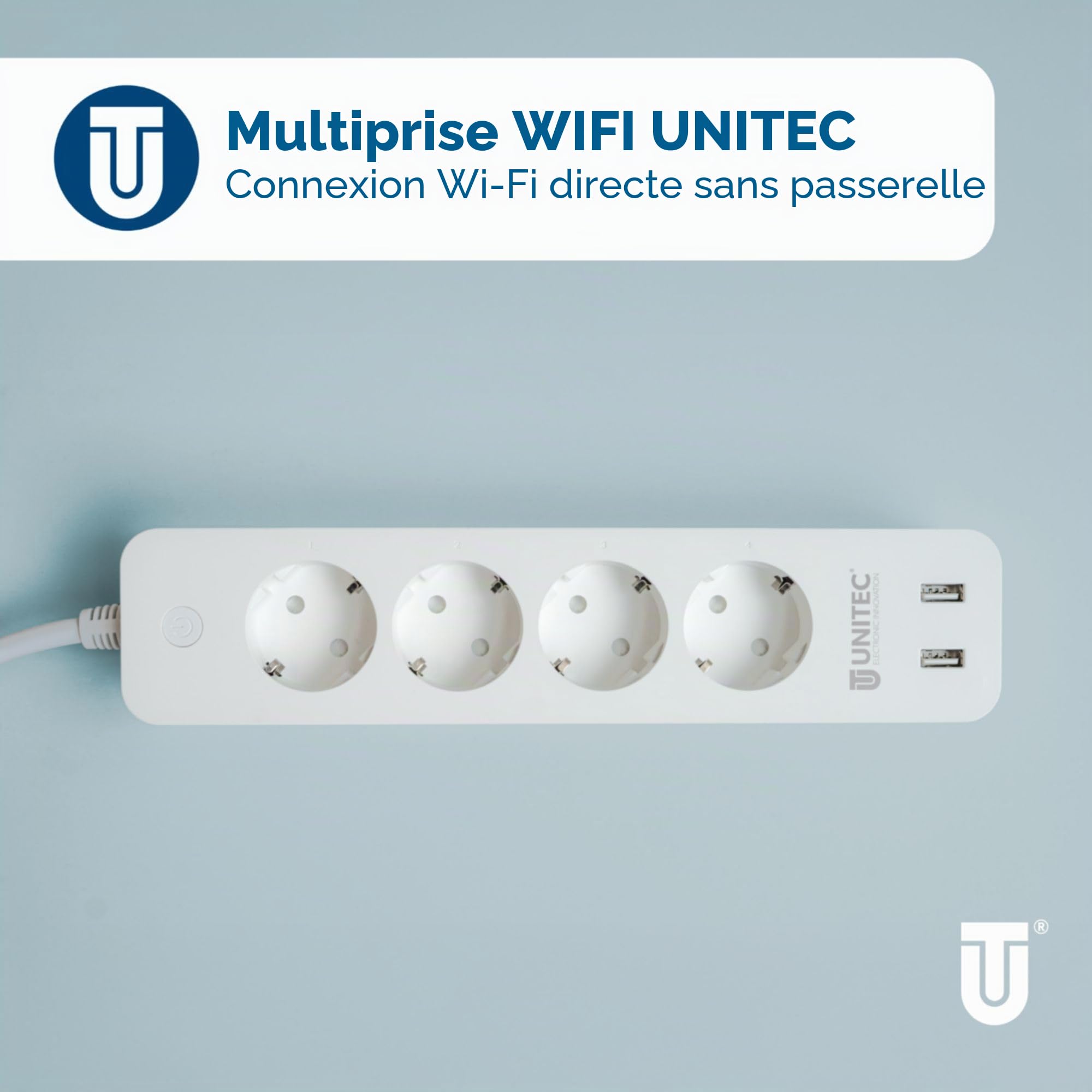 UNITEC 30798 Multiprise Wi-Fi 4 x 2 | Prise intelligente Wi-Fi avec minuterie | Mesure des coûts d'énergie | Commande vocale et application | Avec 2 sorties USB