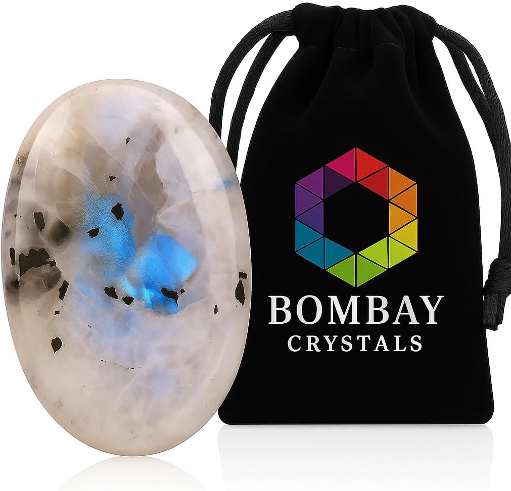Natural Polished Thumb Palm Crystal for Meditation, Rainbow Moonstone Worry Stone for Stress Relief, Anxiety Support & Pocket Reiki Healing