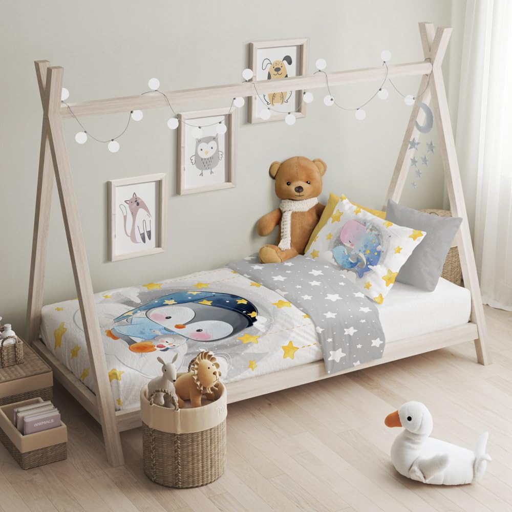 Kinderbettwäsche 100x135 cm | Baby Bettwäsche aus 100% Baumwolle – weich, atmungsaktiv und hautfreundlich | Bettwäsche Kinder für ruhigen Schlaf | Babybettwäsche mit Wendemotiv | Pinguin 006