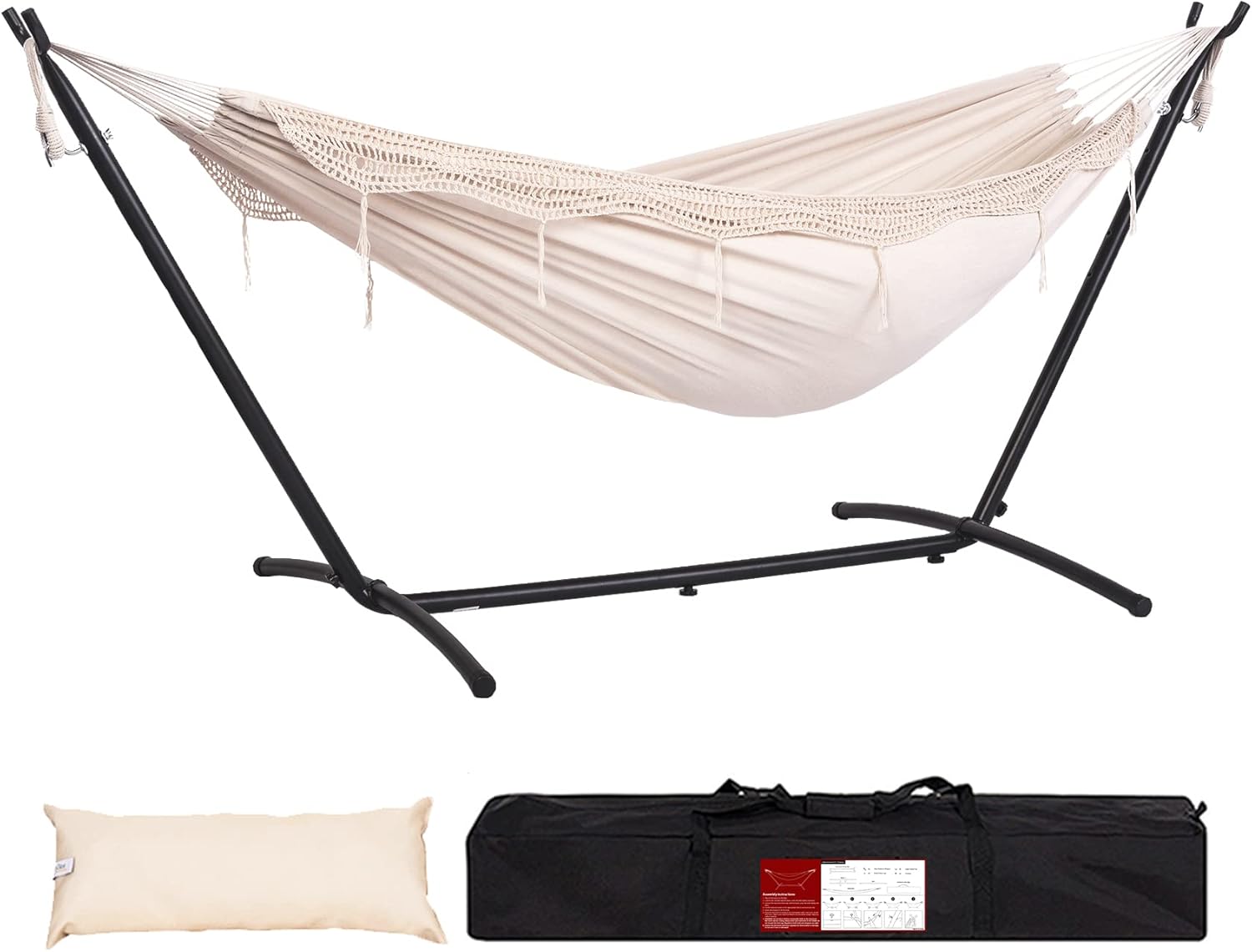 Double Hammock with 9FT Space Saving Steel Stand includes Portable Carrying Case, 450 Pounds Capacity?Natural with Tassel