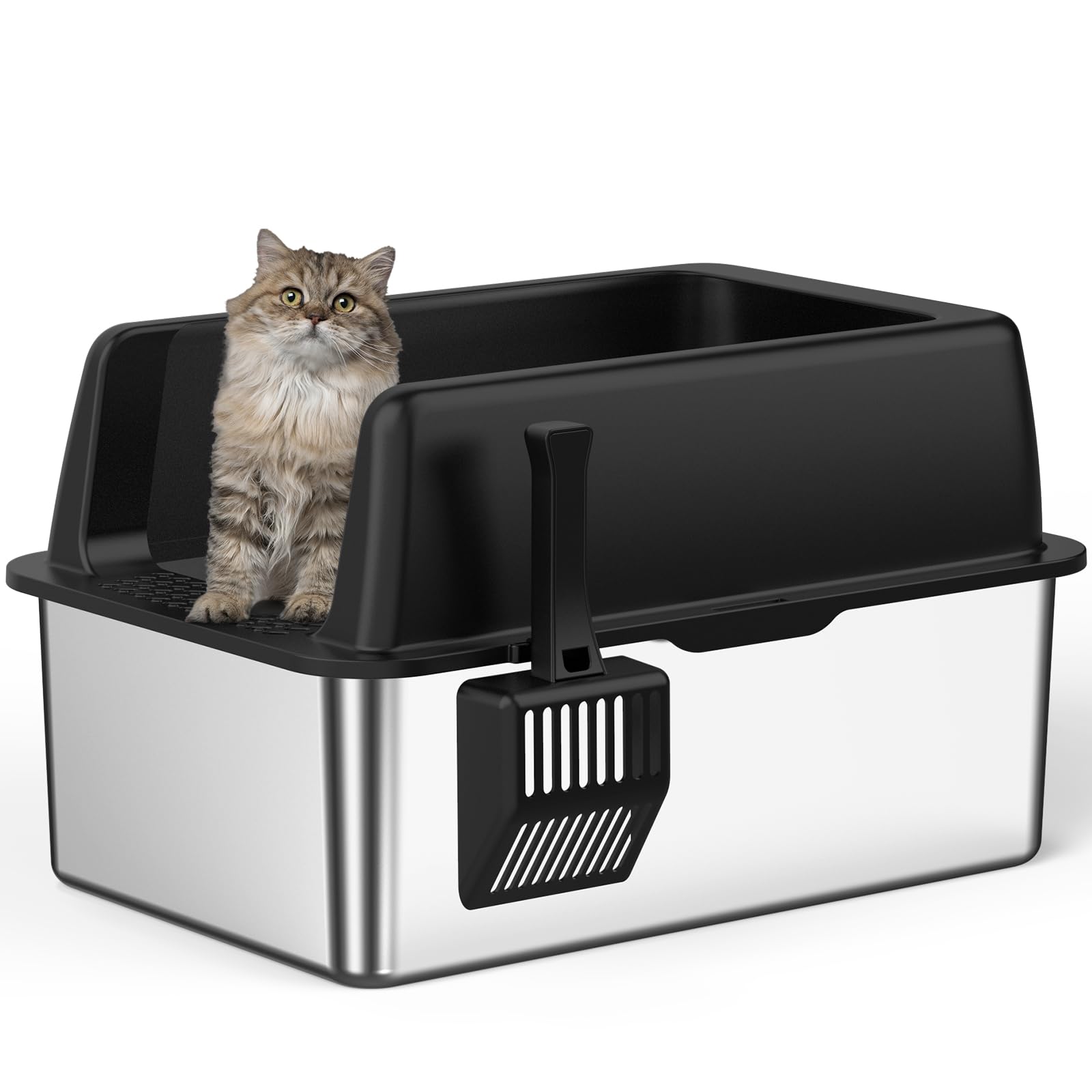 Zarler Edelstahl Katzentoilette mit Deckel, extra groß, Schwarz, für große Katzen und mehrere Katzen, antihaftbeschichtet, leicht zu reinigen