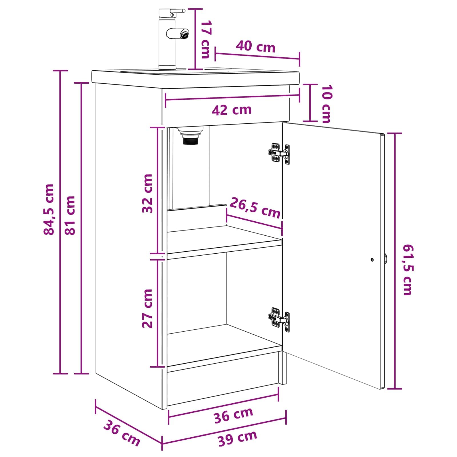 Mobile Bagno Con Lavabo Legno Antico 42 x 40 x 84,5 cm | Legno ingegnerizzato, Manopole nere in metallo, 1 ripiano, Ampio spazio interno