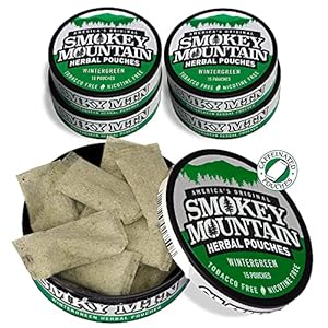 Smokey Mountain Caffeinated Pouches – Wintergreen – Tobacco Free and Nicotine Free – 5 Can Box – 15 Pouches Per Can