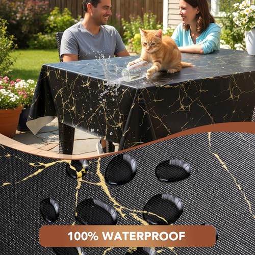 Image of sancua 100% Waterproof Vinyl Tablecloth 54x78 Inch, Rectangle PVC Table Cloth for Picnic, Oil-Resistant Spill-Proof Wipeable Table Cover for Dining, Kitchen, Parties, Indoor and Outdoor, Black Marble
