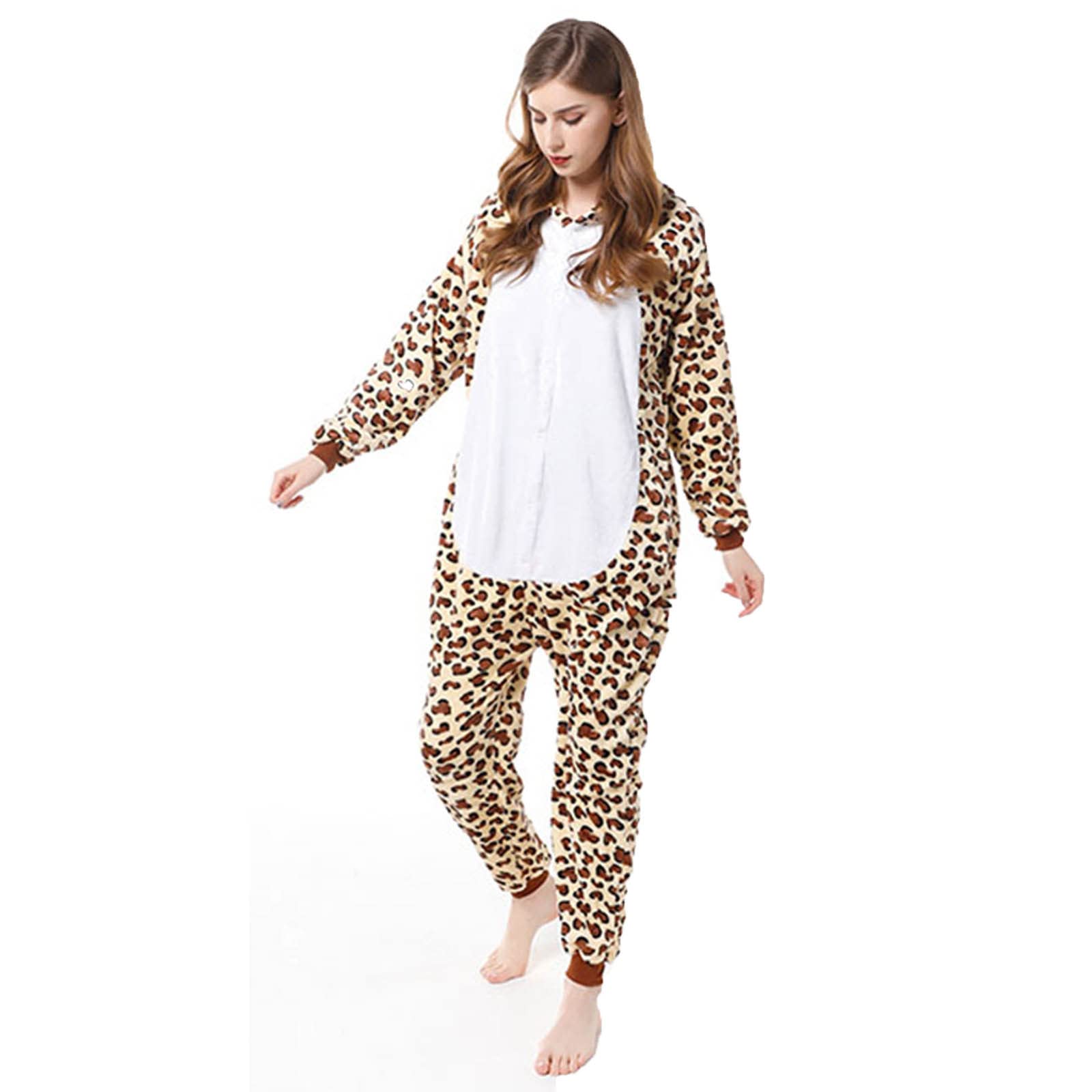 Leopard Print Slim Fit Fleece Onesie Pajama For Women Winter