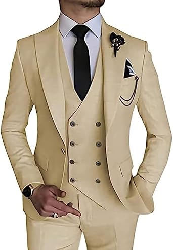 Mens Suit Slim Fit 3 Piece Suits for Men Formal One Button Solid Jacket Vest Pants Suit Set for Wedding