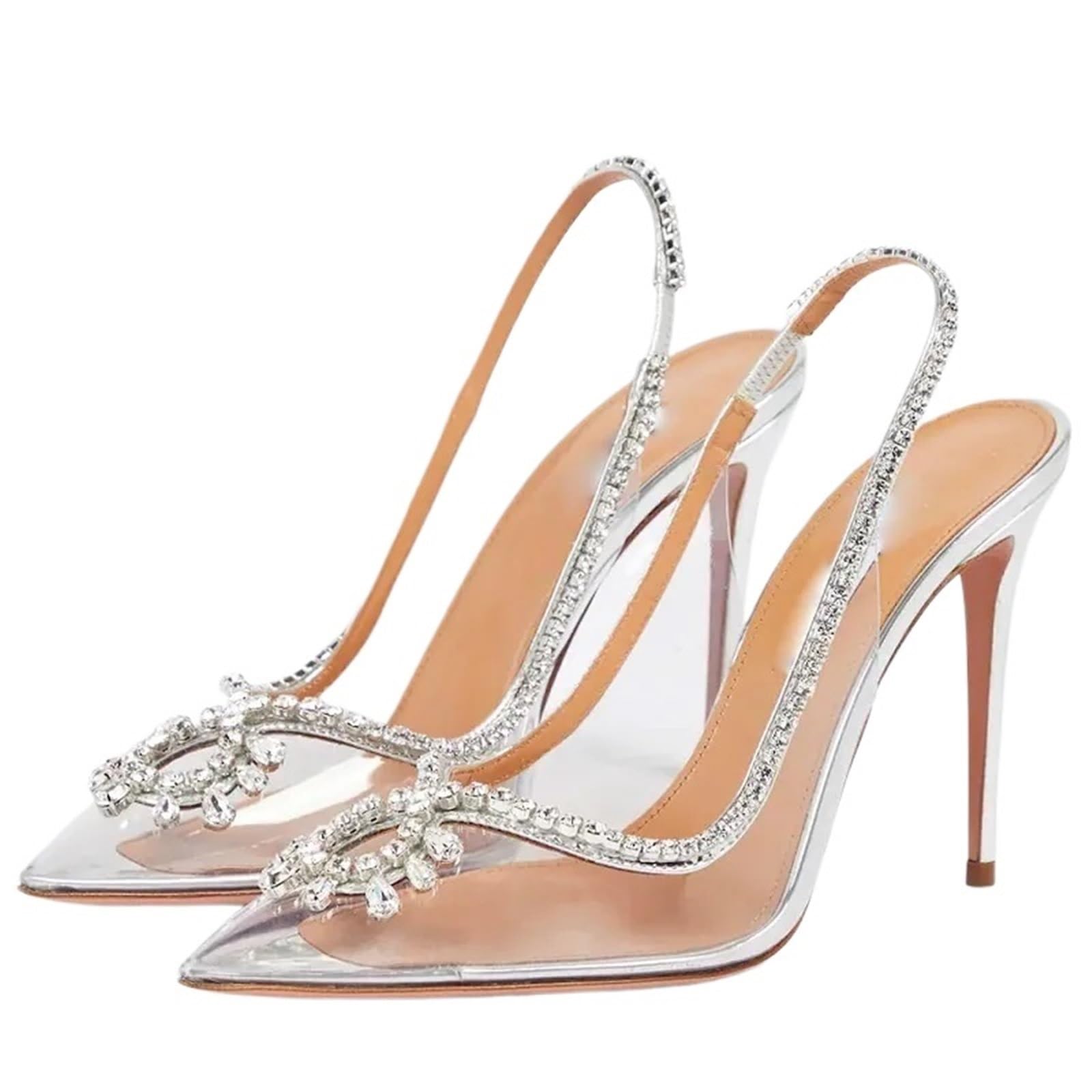 Pointed Toe Heeled Shoes Crystal Transparent Women Pumps Elegant Party Wedding Thin Heels Sandals Slingbacks Shoes(38)