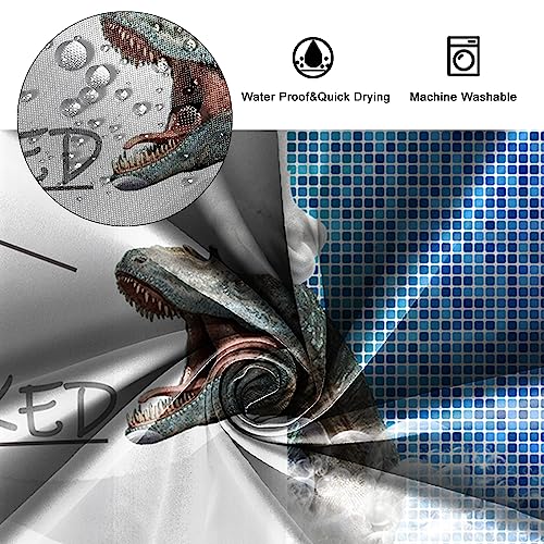 SDOTPMT 180x210cm Get Naked Shower Curtain Funny Dinosaur Animal Showering Bath Curtain Blue Geometric Checked Splicing White Bathtub Curtain for Kids Boy Bathroom with Hooks - Image 4