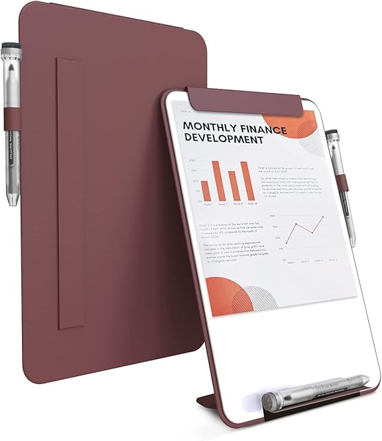TOWON A4 Whiteboard Glass, Portable Small Dry Erase Board Pad, Desk Whiteboard Stand with PU Cover, Travel White Board with Clip for Office, Meeting, Draft, Home, 34x23 cm, Burgundy