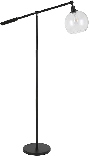 Henn&Hart 61" Industrial 1-Light Floor Lamp, Black | Seeded glass globe and geometric base provide ambient lighting with industrial style for living rooms, bedrooms, and offices
