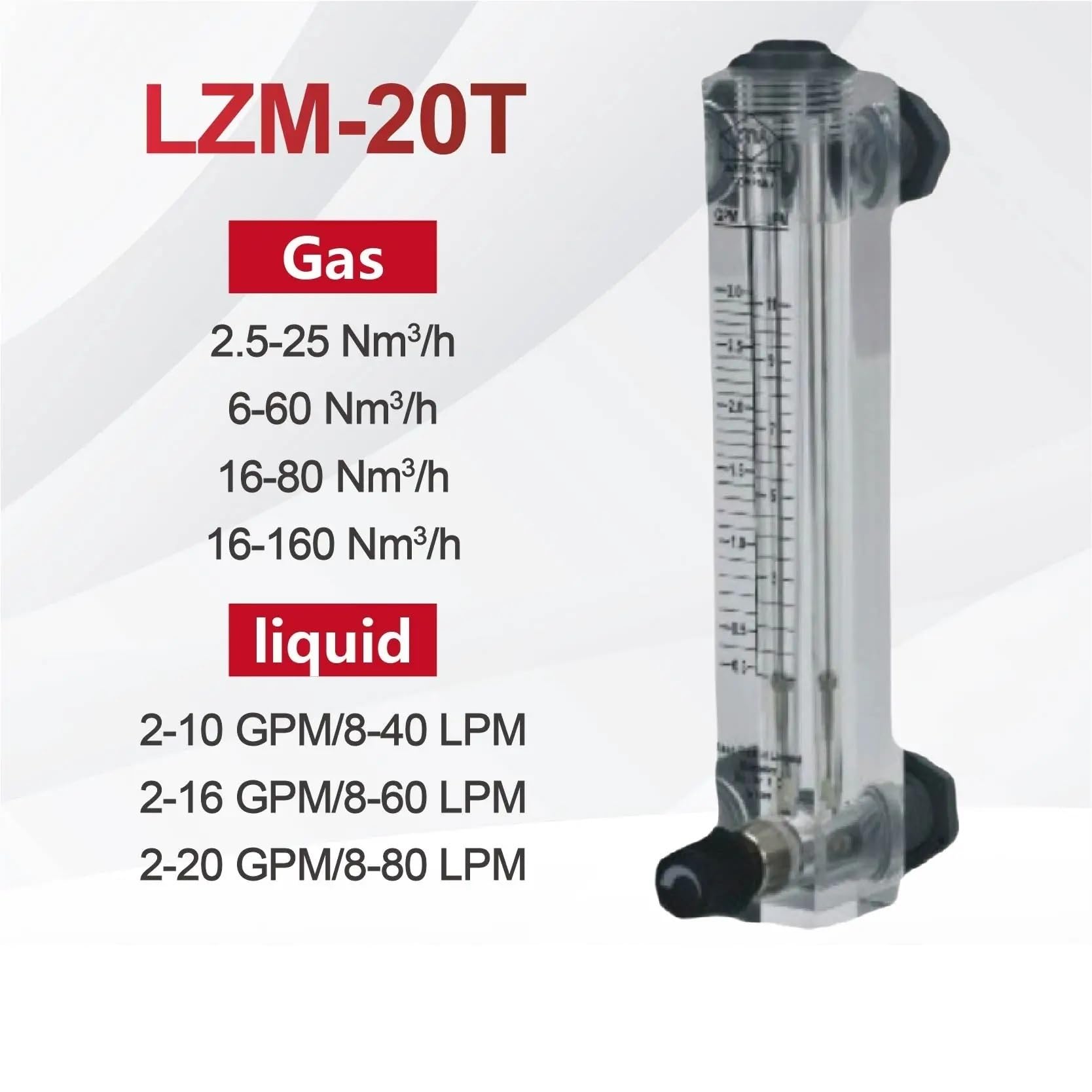 LZM-20T Acryl-Rotameter-Durchflussmesser for Luft, Wasser, Gas, Flüssigkeit, Plattentyp, hochpräziser industrieller Einsatz(2-16GPM 8-60LPM)