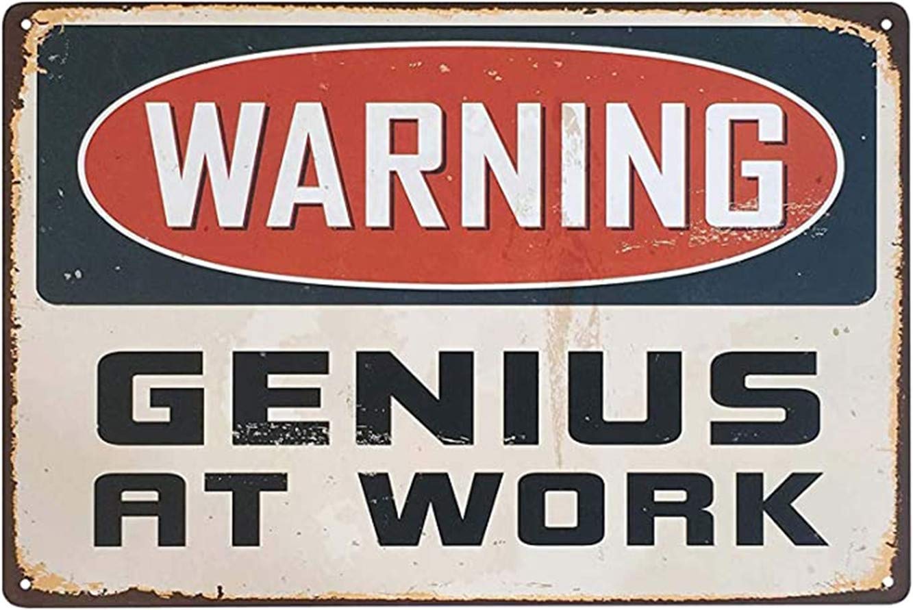 8x12 Inch Warning Tin Signs, Genius at Work Vintage Metal Tin Sign for Men Women, Wall Decor for Bars, Club, Restaurants, Cafes Pubs