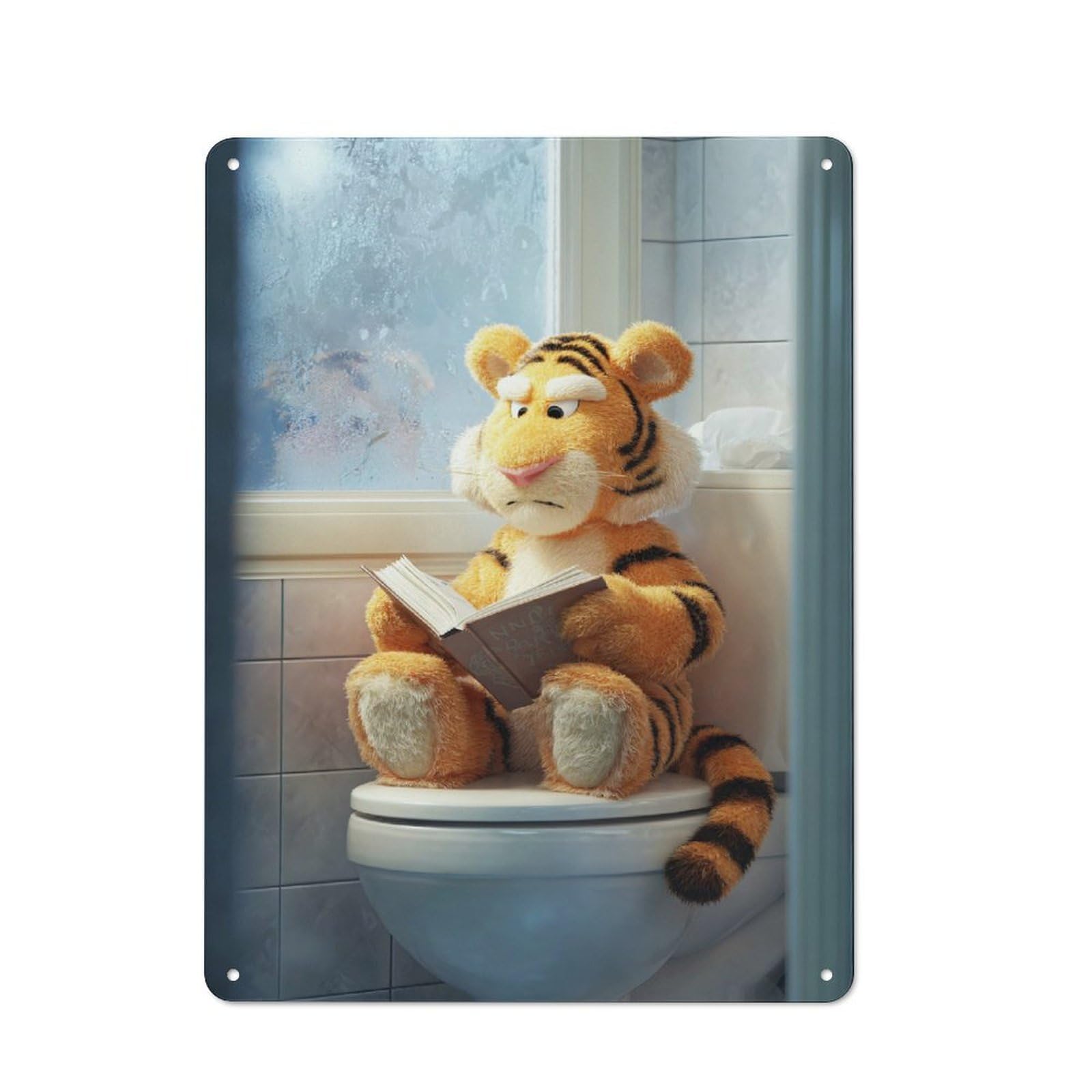 Tiger Reading on A Toilet Decorative Tin Sign 40x30cm, Country Country Wall Plaque for Dining Room, Cafe, Entryway Or Family Room