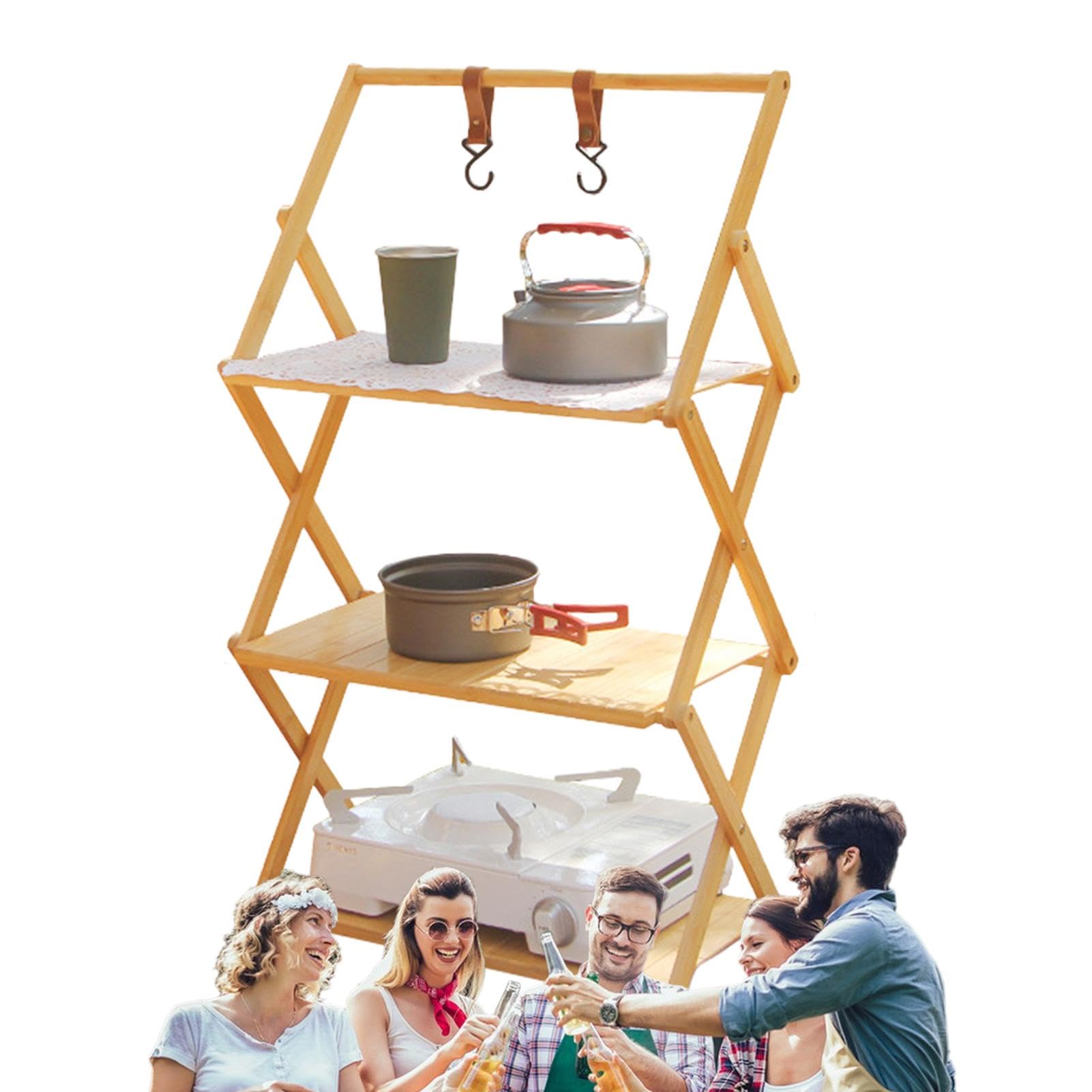 Foldable Camping Shelves - Multi Tier Camping Rack | Camping Folding Wooden Shelf | Wear Resistant Outdoor Camping Table Shelf | Foldable Rack Shelf for Camp Picnic Beach Grill Cooking