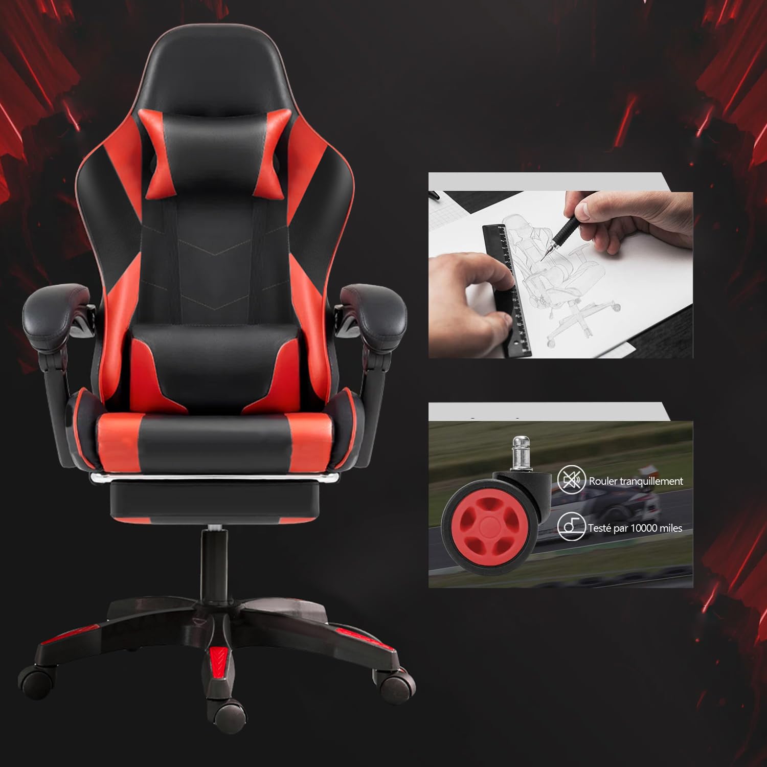 Frixovel Chaise Gaming, Siège de Bureau réglable, Fauteuil Gaming avec Repose-Pieds télescopique (Noir et Rouge)