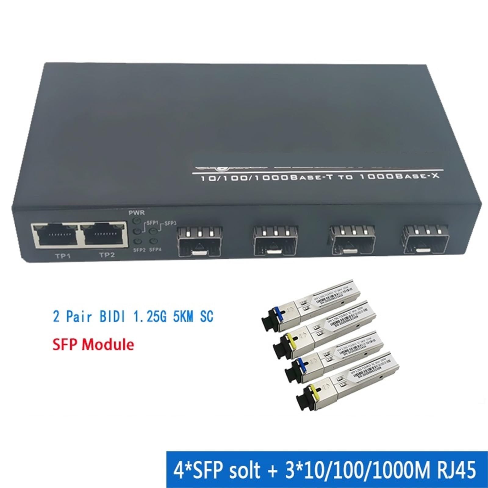 Commutateur Gigabit Ethernet, convertisseur de média Fibre Optique 4sfp 3RJ45 10/100/1000M UTP, Port Fibre Optique 4F3E(5KM SC EU Power)