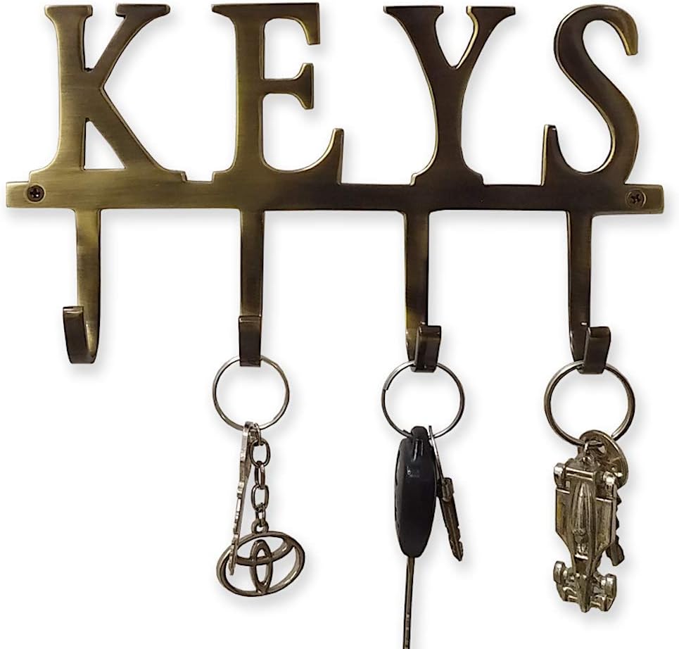 Omega M1 Key Holder “Keys” – Wall Mounted Key Holder - 4 Key Hooks Rack - Solid Die Cast Brass Key Rack - with Matching Screws (Antique Brass)