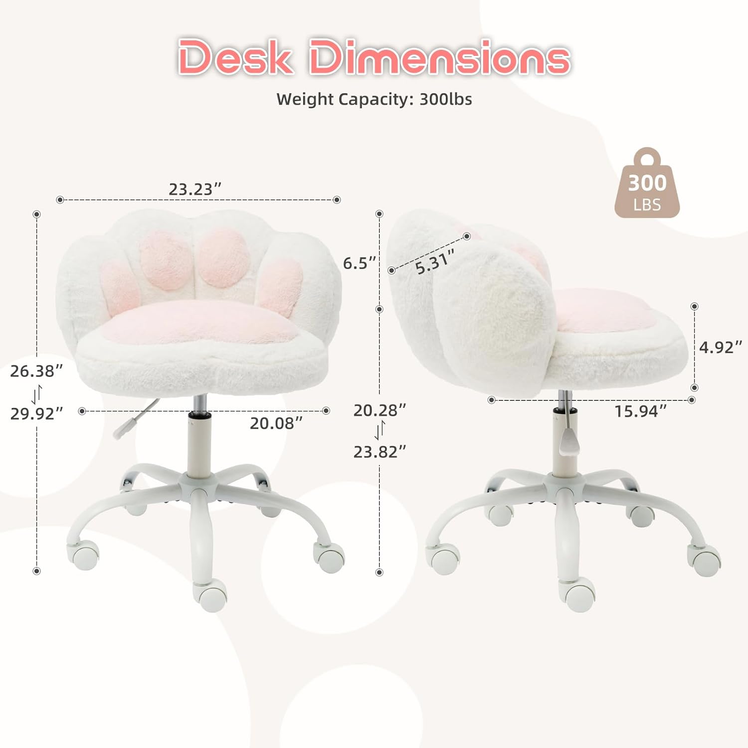 Garvee Vanity Chair with Cat Paw Back,Armless Desk Chair Cute Small Office Chair with Wheels,Teddy Fabric 360°Rotating Computer Chair,Adjustable Height for Vanity,Kids Room,Office,Bedroom,White