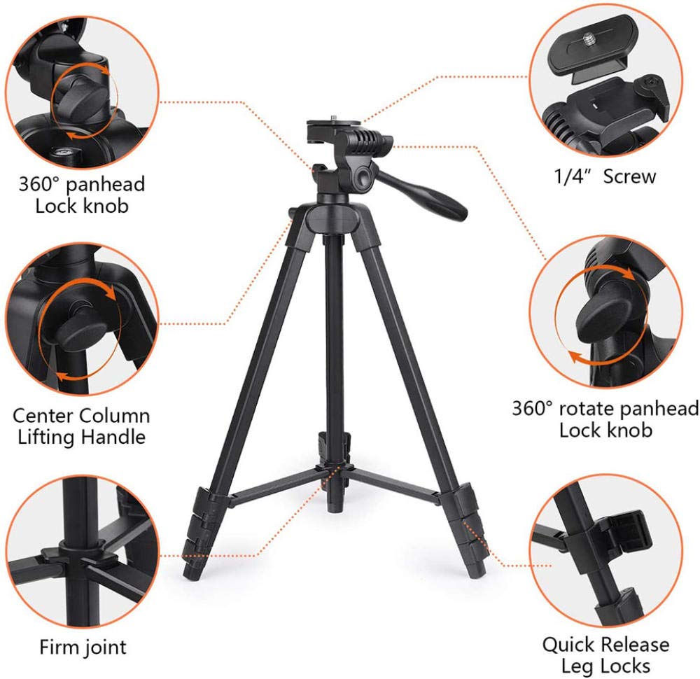 Treppiedi da 140 cm con supporto per telefono cellulare e telecomando da viaggio per telefoni cellulari e fotocamere con borsa per il trasporto