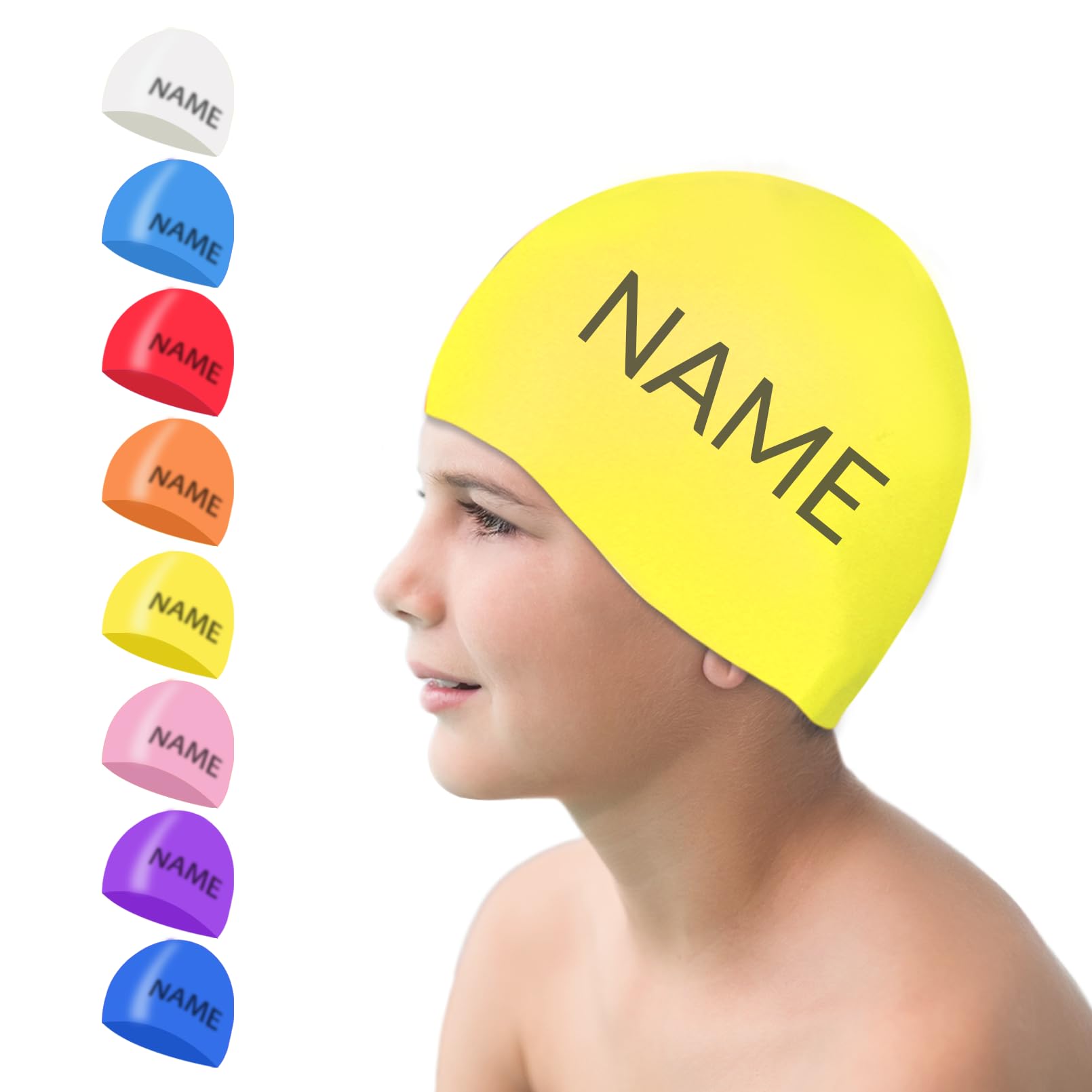 Swimming Cap Kids, Personalized Silicone Swimming Hat Kids with Name Waterproof Colorful Comfortable Anti Slip Boys Girls (Yellow, L)