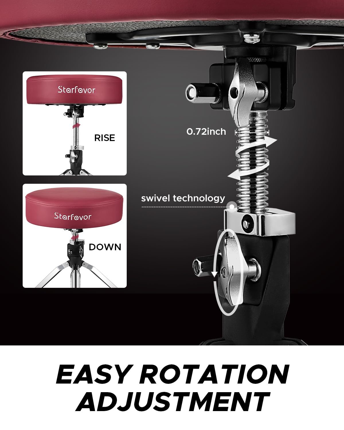 Starfavor Heavy-Duty Drum Throne with Memory Foam Seat | Extra-Wide Base, 400lb Capacity, Height Adjustable (19"-23.6"), Red, ST-650 Stone