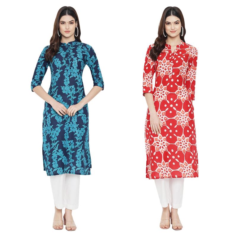 Pinkmint Women Cotton Printed Kurta Stylish Regulr Fit Girl's Combo Kurta Ll Regular Fit Combo Kurta (Pack Of 2) Blue-Red