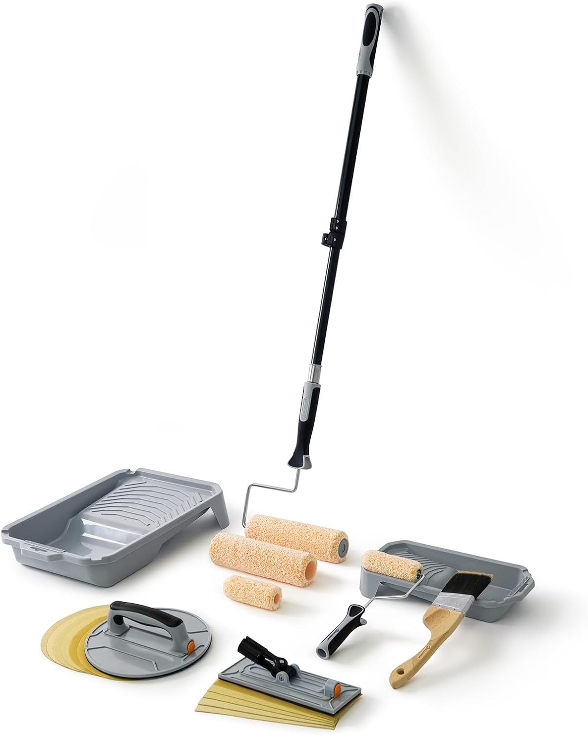 ROLLINGDOG 26Pcs Sanding and Painting Set - with 4 inch 9 inch Paint Rollers Trays and Extension Pole, 2.5 inch Paint Brush, Drywall Hand Sanders for Wall, Ceiling