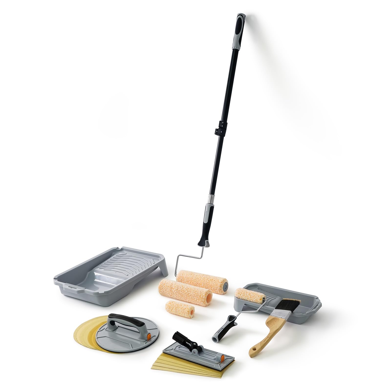 ROLLINGDOG Wall Sander and Paint Roller Set - Manual Wall Prep Set with 9" and 4" Paint Rollers, Two Trays, 24"-39" Extension Pole, Round and Rectangular Sanders, Sandpaper and Angled Brush