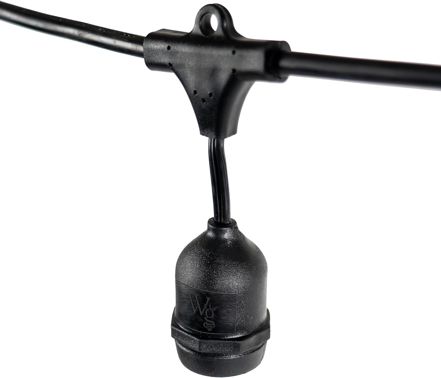 50-ft 25 Suspended Sockets E26 Commercial Patio Light Stringer, Heavy Duty Weatherproof SJTW Black Wire, 24" Spacing, 16 AWG, Cord Only
