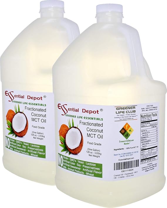 Coconut Oil - Fractionated - MCT (medium-chain triglycerides) - 2 x 1-Gallon (256 oz) - liquid - Food Grade - Safety Sealed Resealable HDPE Container, Microwave Safe (remove foil seal), Freezer Safe