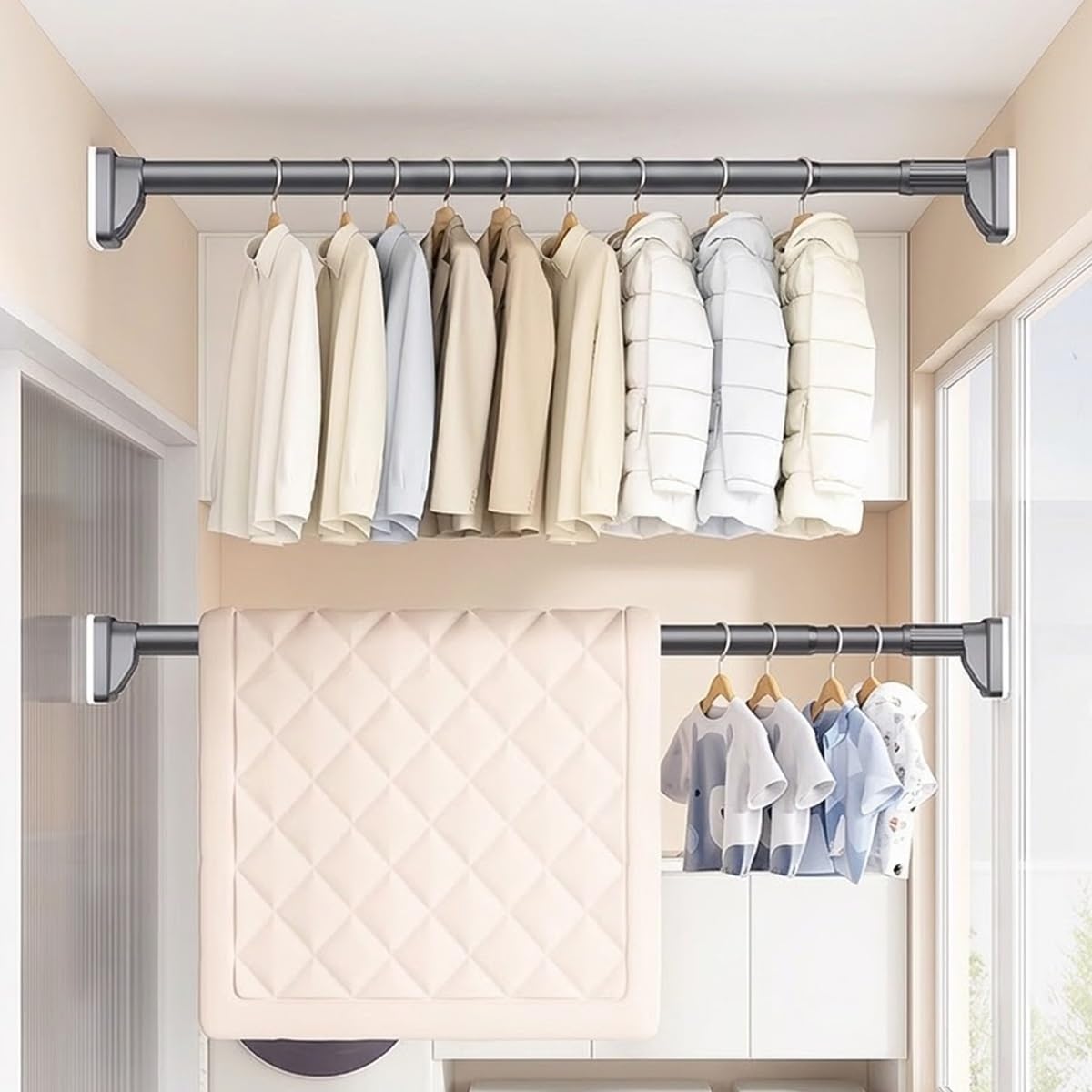 Tringle de Rideau de Douche Réglable Barre Télescopique Extensible 40-250 cm Tringle à Rideaux Tension Sans Percage pour Salle de Bain Cuisine(Blanc,1.1-2.0m/43in-79in)