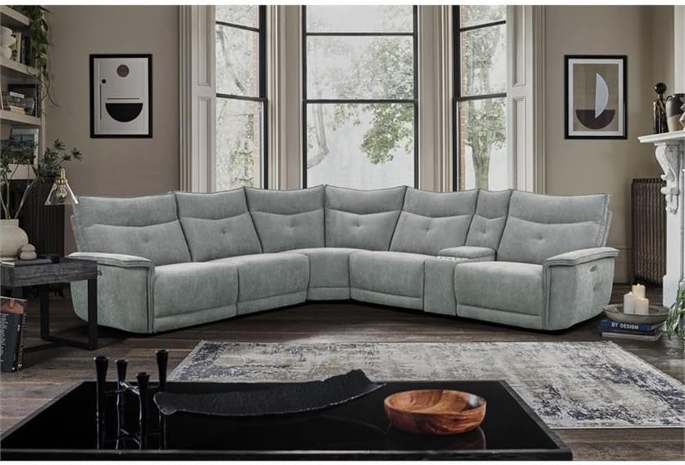 Pemberly Row 6-Piece Power Sectional, 119" W x 132" D x 39.5" H, Fabric Upholstery, Dark Gray, 3 Recliners with USB Ports, Console with Cup Holders, Adjustable Headrests, Foam Seating, Living Room
