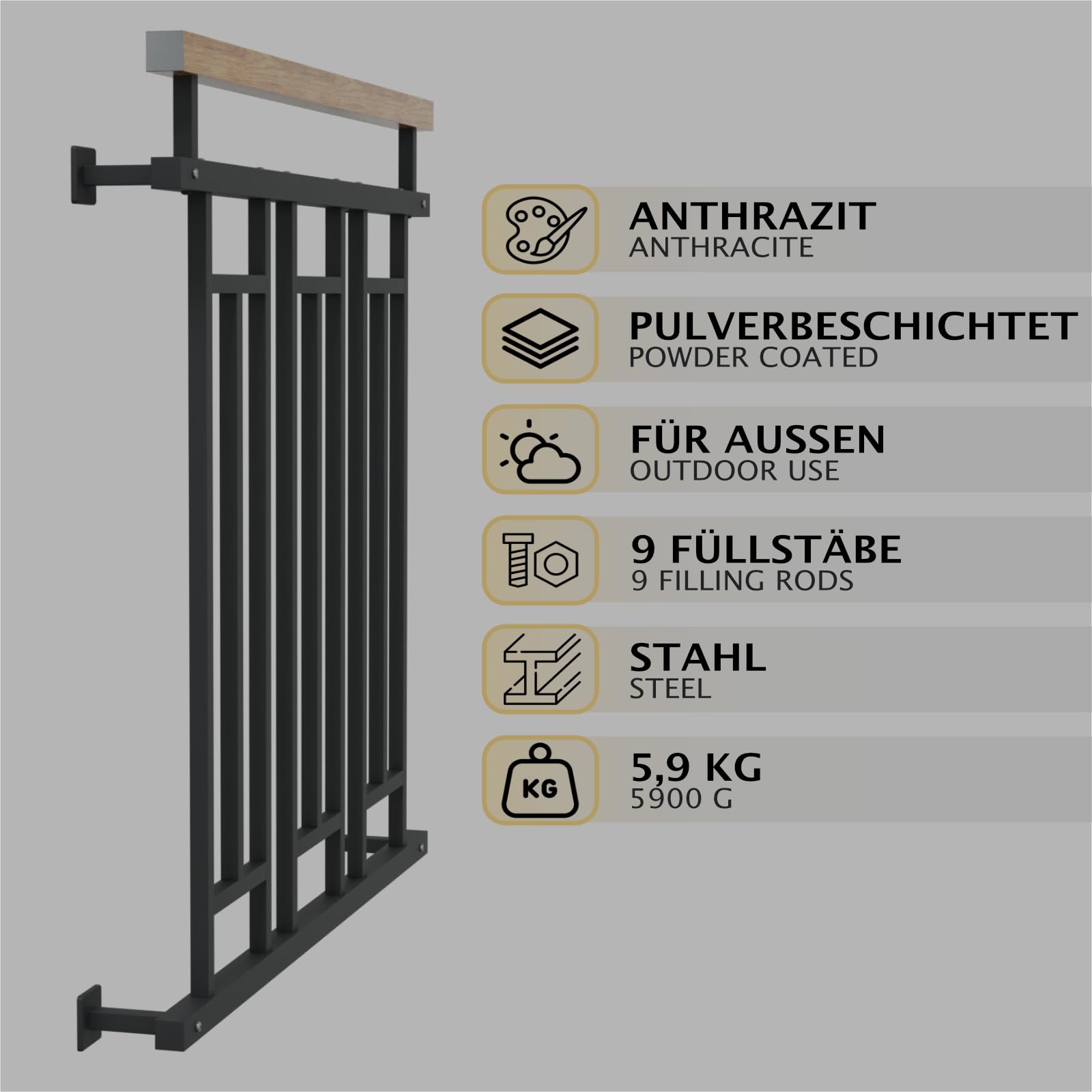 HAGO24 | Französischer Balkon | Fenstergitter | Stahlgeländer | 100x90cm Anthrazit | Stabgeländer | Holzoptik | Julietbalustrade | Brüstung | Austrittsbalkon | Geländerfenster