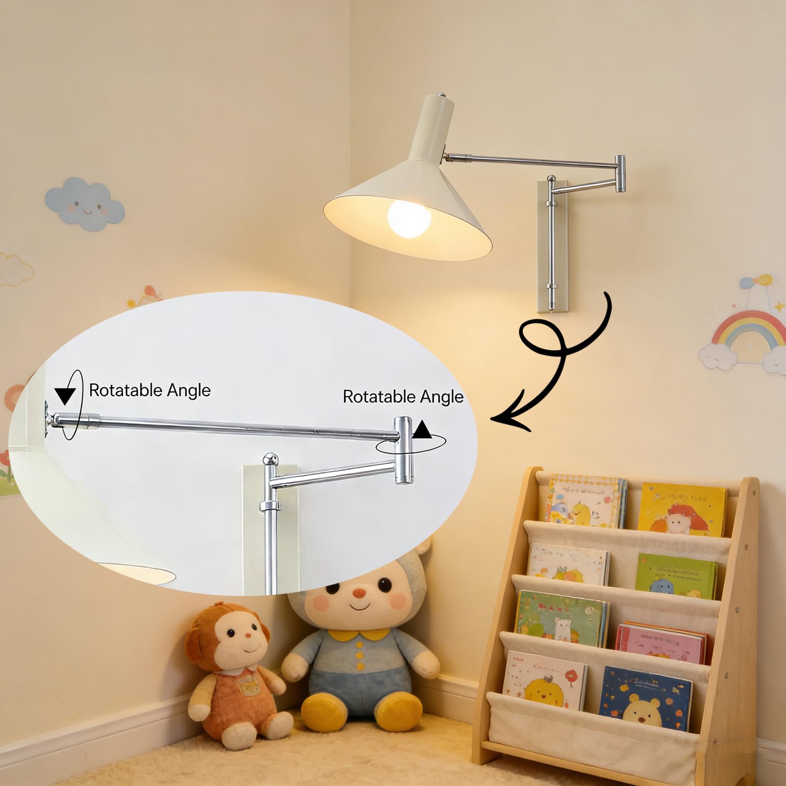 E27 Retro Wandleuchte Verstellbarer Schwenkarm Wandlampe mit Schalter und Kabel Vintage Industrie Innenbeleuchtung Langer Arm Wand Leselampe mit Einstellbarer für Schlafzimmer Büro,Schwarz