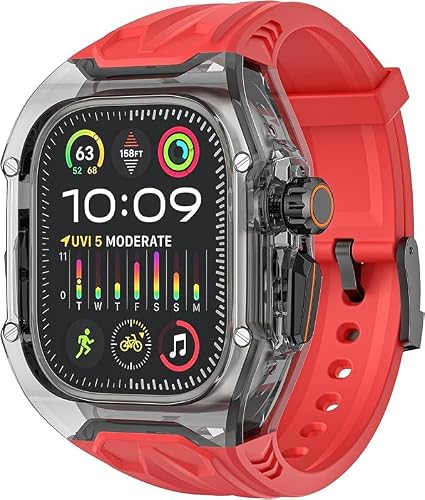 UniqTry Transparent Mod Kit Rugged Case with Silicone Band Compatible with Ultra 49mm Series 9 8 7 44mm 45mm 46mm bands Crystal Clear Military Protective Cover Bumper Tactical (46mm, Red-Black)