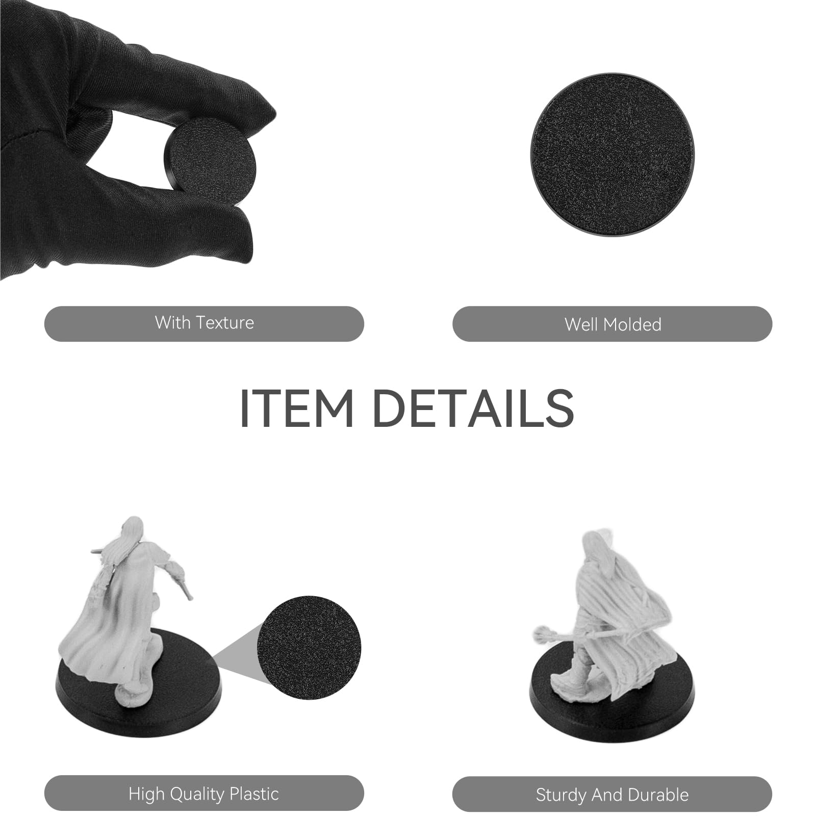 Lot de 100 bases miniatures + 120 adhésifs, 25 mm, 32 mm, 40 mm, mélange de bases rondes en plastique noir pour jeux miniatures, jeux de table de guerre ou jeux de société