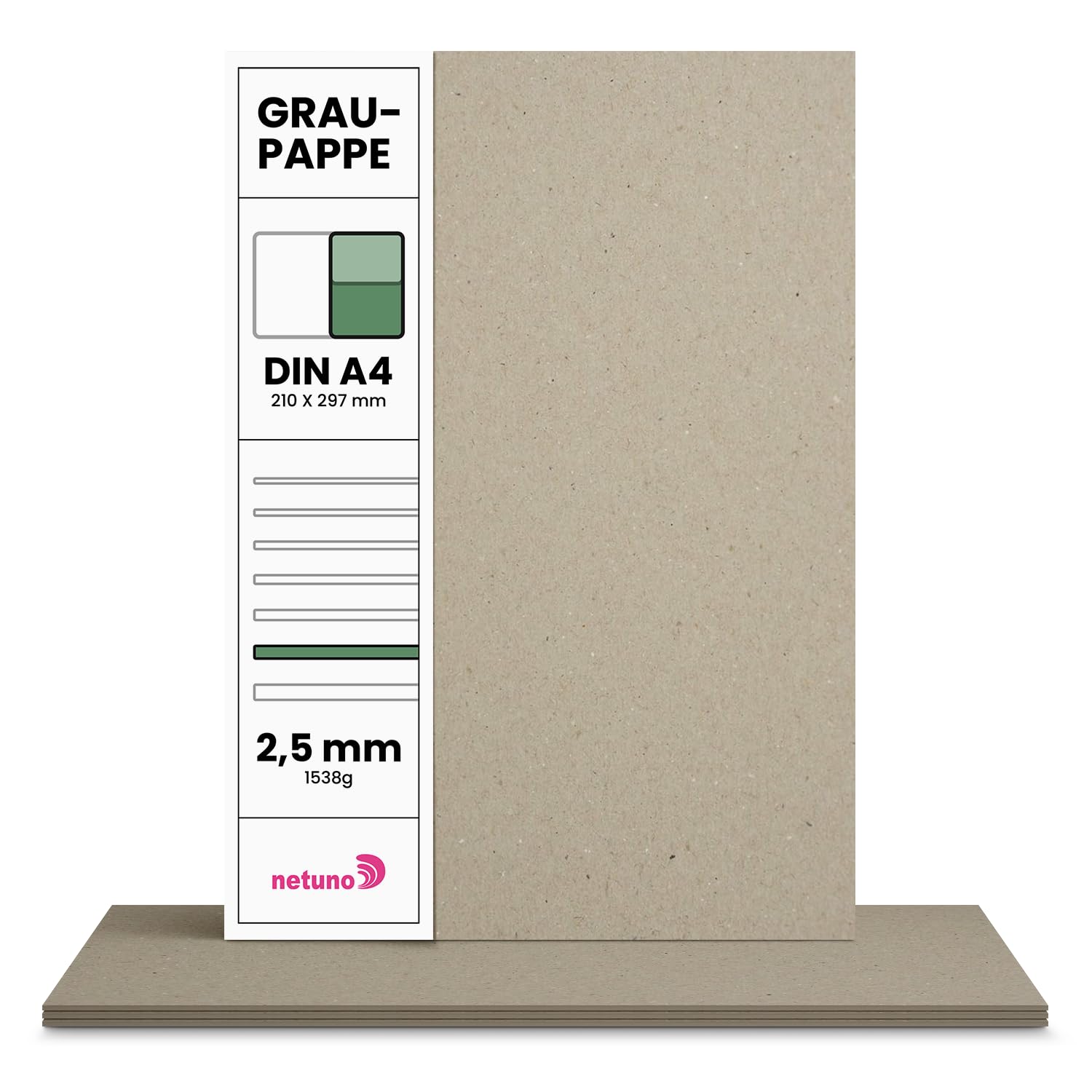 Netuno 100x Grey Cardboard A4 210 x 297 mm 8.3 x 11.7 in 1538 GSM 2.5 mm Thick Rigid Greyboard Chipboard Recycled Bookbinding Card for Calendars Model Making Packaging DIY — image 1
