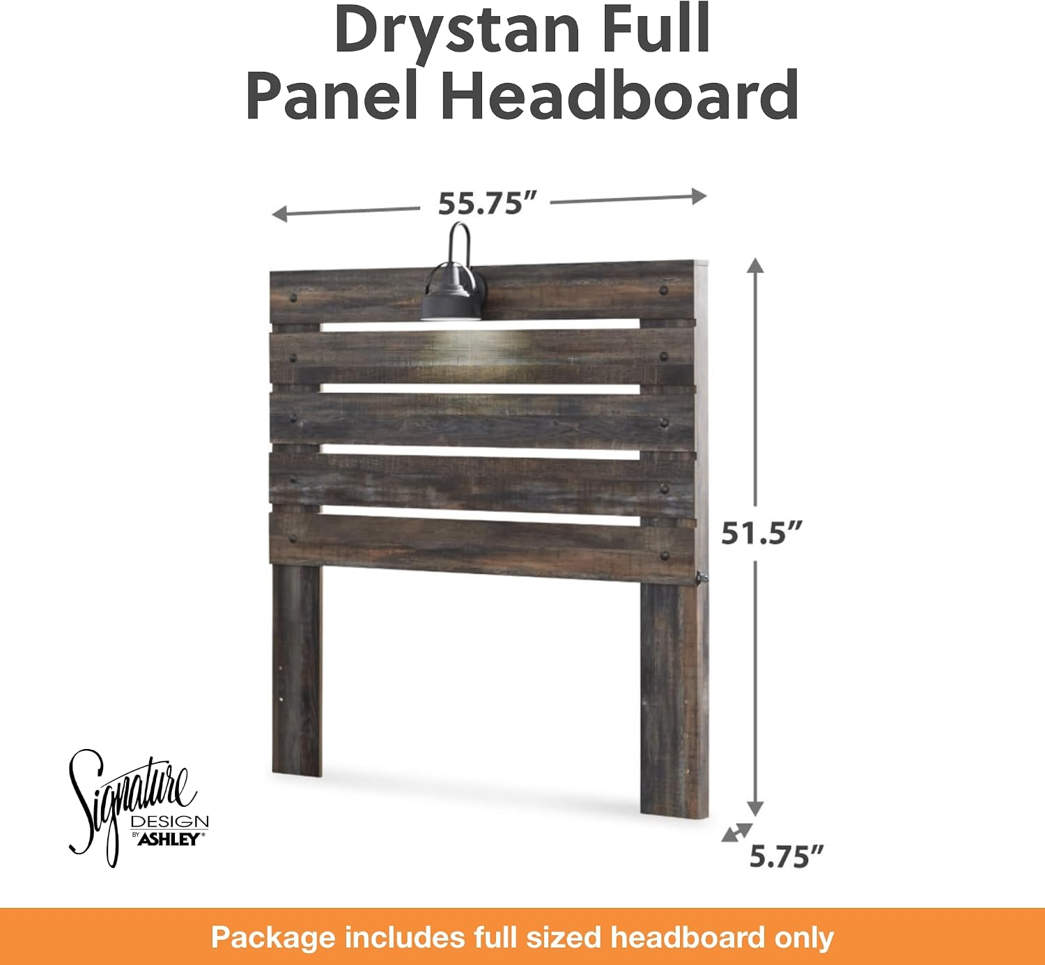 Signature Design by Ashley Drystan Full Rustic Panel Headboard, Brown | Dual USB ports, LED reading sconce, Engineered wood (MDF/particleboard) and decorative laminate, Rustic grain finish