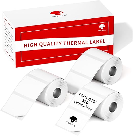 Phomemo Labels- 3 Rolls M110/M220/M221/M120/M200 Thermal Label Paper 1.18" x 0.79" (30x20mm), M110 Label Multipurpose Square Self-Adhesive Paper, 320 Labels/Roll