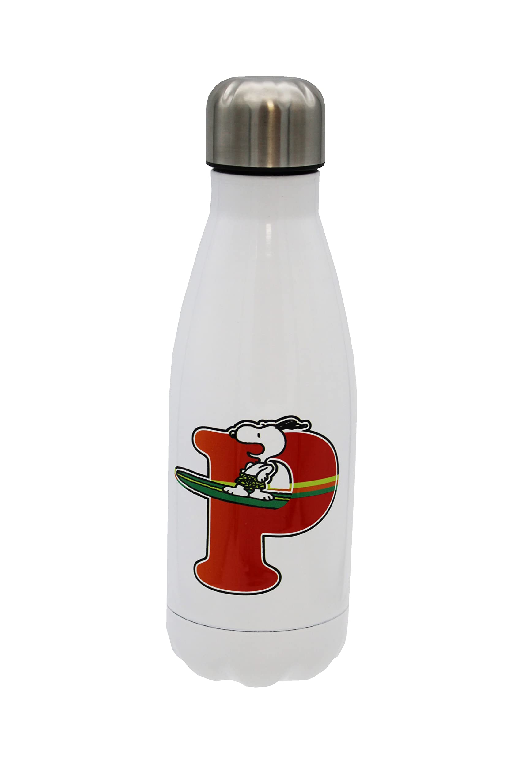 CYPBRANDS Snoopy – Stainless Steel Water Bottle, Airtight Closure, with Letter P Design, Multi-Colour, 550 ml, White, Official Product