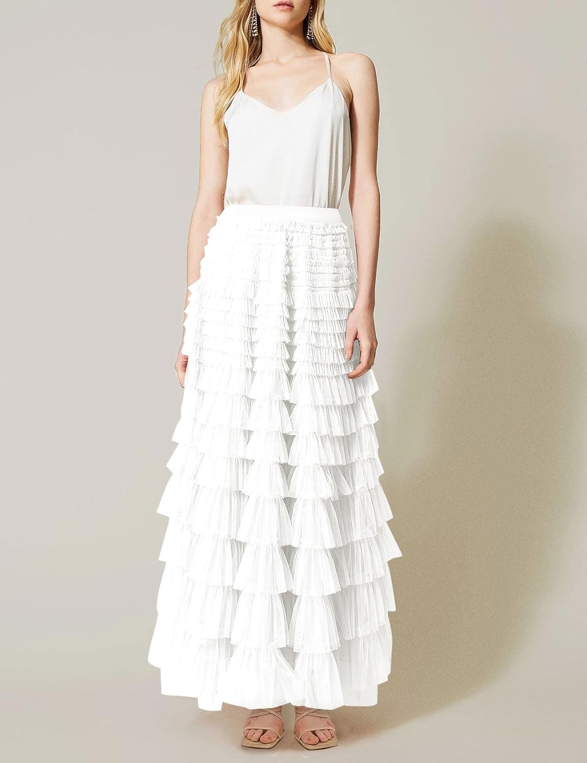 Flygo Women's Long Maxi Tulle Skirts A Line Ruffle High Waisted Tiered Layered Mesh Tutu Skirt Petticoat - Image 7