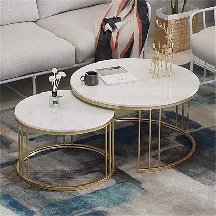 WoodenZone Metal Coffee Table Set, 2 Piece Stacking Nesting Coffee Table, Elegant Marble Look End Tables Round Center Tea Table for Living Room Bedroom or Apartments