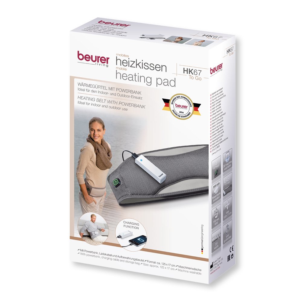 Beurer HK 67 To Go pasek grzewczy z powerbankiem (poduszka rozgrzewająca na brzuch i dolną część pleców z zewnętrznym zasilaniem do smartfona)