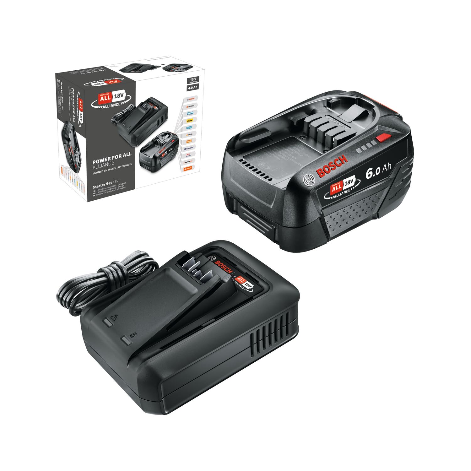 Bosch Akku und Schnellladegerät Starter Set 18V (1x 6,0Ah Li-Ionen-Akku; 1x Schnellladegerät; POWER FOR ALL 18V Alliance)