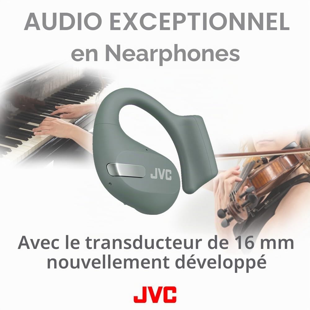 JVC Nearphones HA-NP50T-G True Wireless, Design Oreilles Libres, Ecoutez de la Musique sans Vous Couper du Monde, Légers, ANC pour Les appels, IPX4, 38 h d'autonomie, BT 5.3, Vert Sauge
