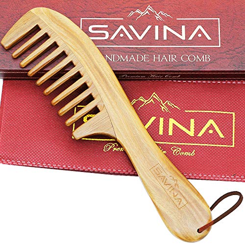 Hair Comb - 8.6 inch Wide Tooth Woodden Comb for Thick, Curly Hair by Savina - Reduces Breakage & Split Ends - Detangling Comb for Women, Men and Kids