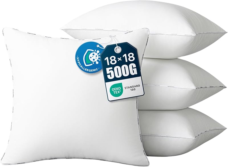 Hypoallergenic Throw Pillow Inserts, 18 x 18, Set of 4 | OEKO-TEX Certified, Skin & Family Safe, Soft & Supportive, Hold shape, Ideal for Work & Rest, Couch, Bed, Office & Home Decor