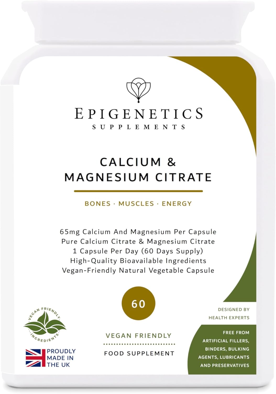 Calcium & Magnesium Citrate | 55mg Calcium Citrate + 55mg Magnesium Citrate | 60 Vegan Friendly Capsules UK Made | 1 Capsule Daily (2 Month Supply)
